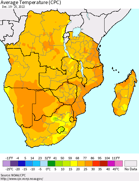 Southern Africa Average Temperature (CPC) Thematic Map For 12/19/2022 - 12/25/2022