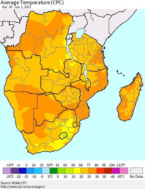 Southern Africa Average Temperature (CPC) Thematic Map For 12/26/2022 - 1/1/2023