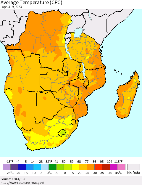 Southern Africa Average Temperature (CPC) Thematic Map For 4/3/2023 - 4/9/2023