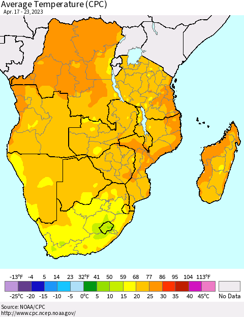 Southern Africa Average Temperature (CPC) Thematic Map For 4/17/2023 - 4/23/2023