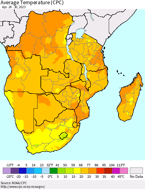 Southern Africa Average Temperature (CPC) Thematic Map For 4/24/2023 - 4/30/2023