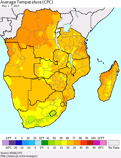 Southern Africa Average Temperature (CPC) Thematic Map For 5/1/2023 - 5/7/2023