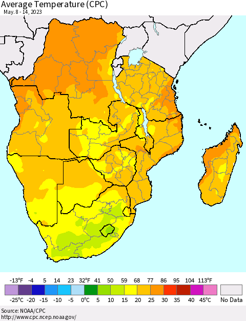 Southern Africa Average Temperature (CPC) Thematic Map For 5/8/2023 - 5/14/2023