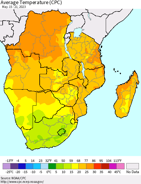 Southern Africa Average Temperature (CPC) Thematic Map For 5/15/2023 - 5/21/2023
