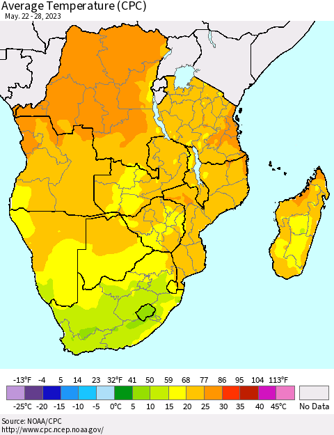 Southern Africa Average Temperature (CPC) Thematic Map For 5/22/2023 - 5/28/2023
