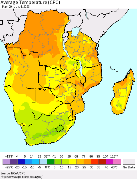 Southern Africa Average Temperature (CPC) Thematic Map For 5/29/2023 - 6/4/2023