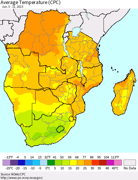 Southern Africa Average Temperature (CPC) Thematic Map For 6/5/2023 - 6/11/2023