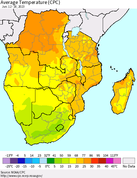 Southern Africa Average Temperature (CPC) Thematic Map For 6/12/2023 - 6/18/2023