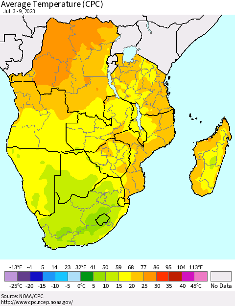 Southern Africa Average Temperature (CPC) Thematic Map For 7/3/2023 - 7/9/2023