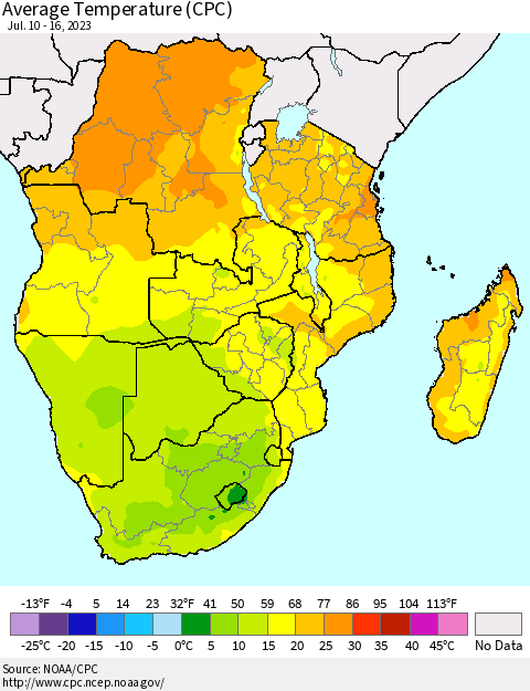 Southern Africa Average Temperature (CPC) Thematic Map For 7/10/2023 - 7/16/2023