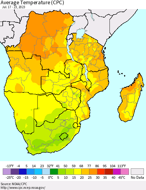 Southern Africa Average Temperature (CPC) Thematic Map For 7/17/2023 - 7/23/2023