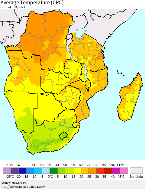 Southern Africa Average Temperature (CPC) Thematic Map For 7/24/2023 - 7/30/2023