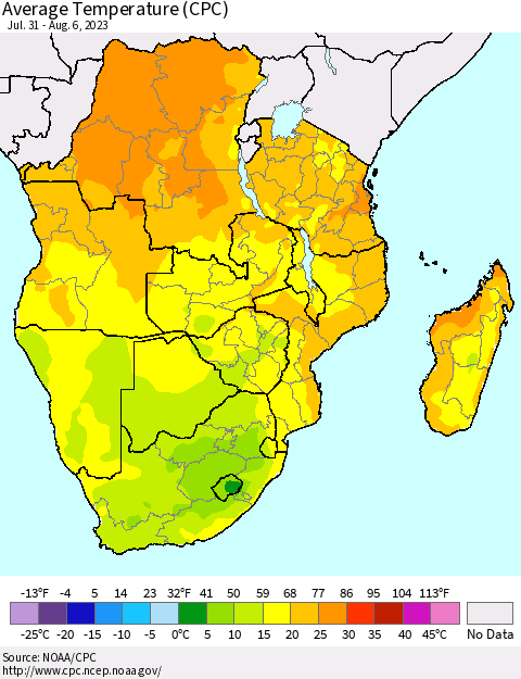 Southern Africa Average Temperature (CPC) Thematic Map For 7/31/2023 - 8/6/2023