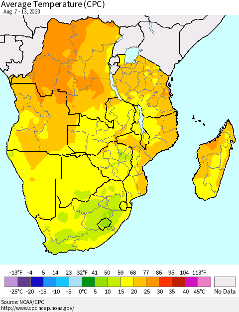Southern Africa Average Temperature (CPC) Thematic Map For 8/7/2023 - 8/13/2023