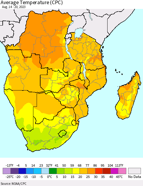 Southern Africa Average Temperature (CPC) Thematic Map For 8/14/2023 - 8/20/2023