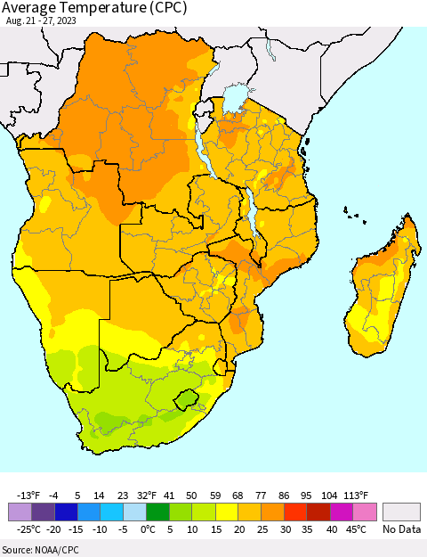 Southern Africa Average Temperature (CPC) Thematic Map For 8/21/2023 - 8/27/2023