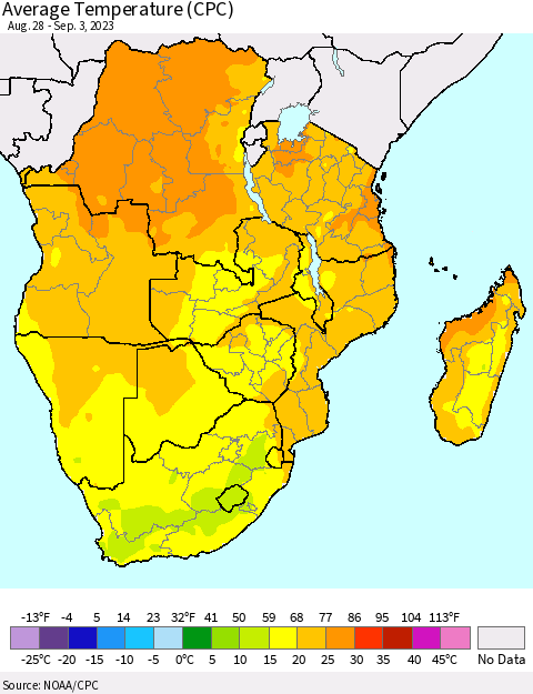 Southern Africa Average Temperature (CPC) Thematic Map For 8/28/2023 - 9/3/2023