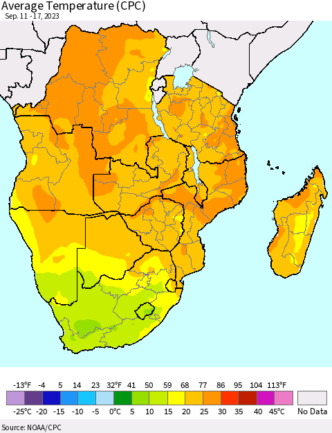 Southern Africa Average Temperature (CPC) Thematic Map For 9/11/2023 - 9/17/2023
