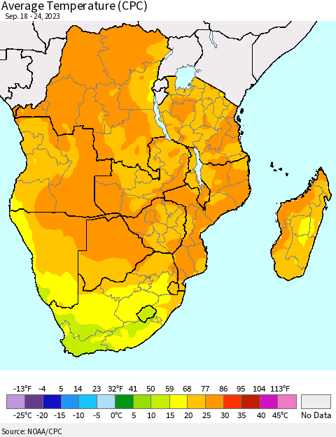Southern Africa Average Temperature (CPC) Thematic Map For 9/18/2023 - 9/24/2023