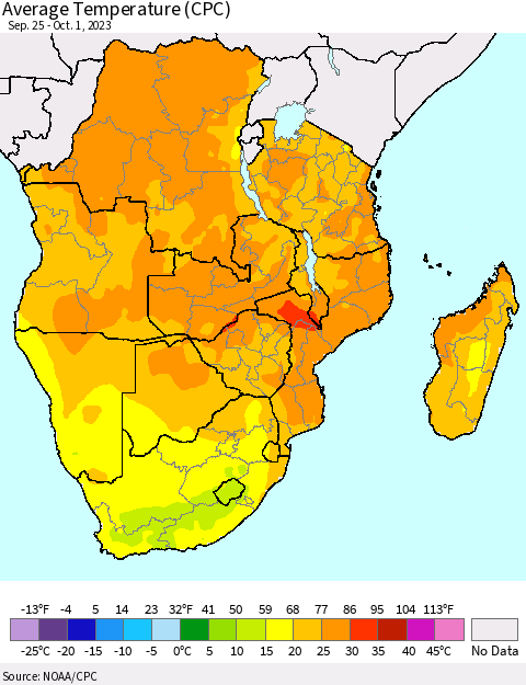 Southern Africa Average Temperature (CPC) Thematic Map For 9/25/2023 - 10/1/2023