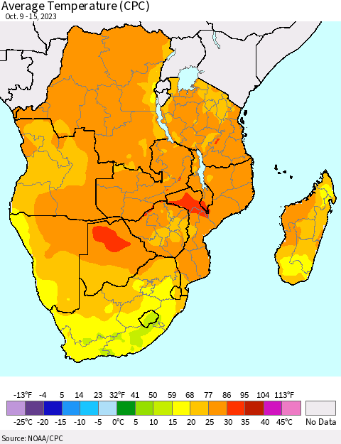 Southern Africa Average Temperature (CPC) Thematic Map For 10/9/2023 - 10/15/2023
