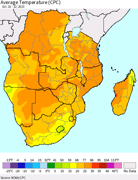 Southern Africa Average Temperature (CPC) Thematic Map For 10/16/2023 - 10/22/2023