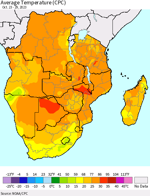 Southern Africa Average Temperature (CPC) Thematic Map For 10/23/2023 - 10/29/2023