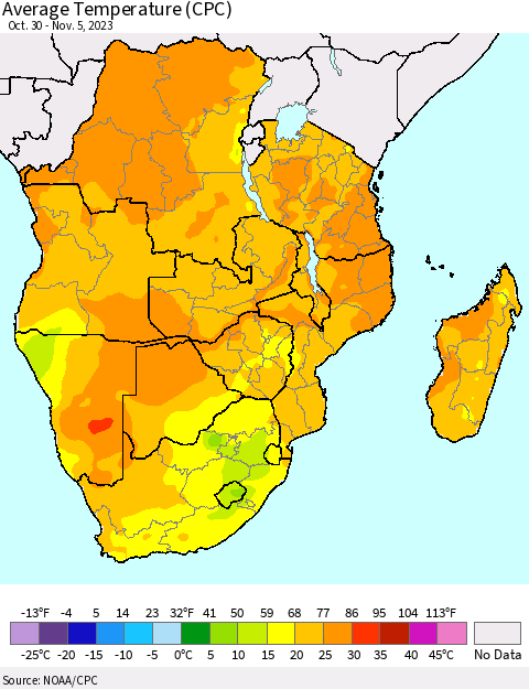Southern Africa Average Temperature (CPC) Thematic Map For 10/30/2023 - 11/5/2023