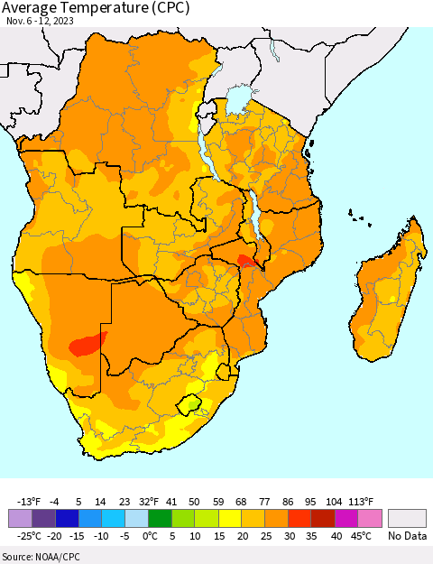 Southern Africa Average Temperature (CPC) Thematic Map For 11/6/2023 - 11/12/2023