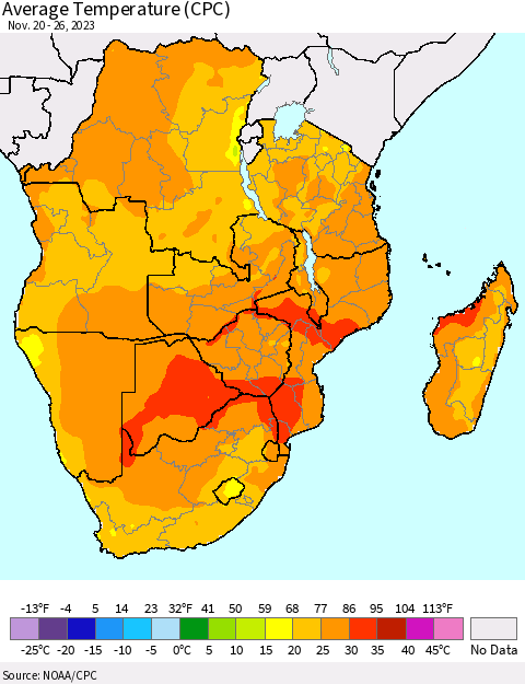 Southern Africa Average Temperature (CPC) Thematic Map For 11/20/2023 - 11/26/2023