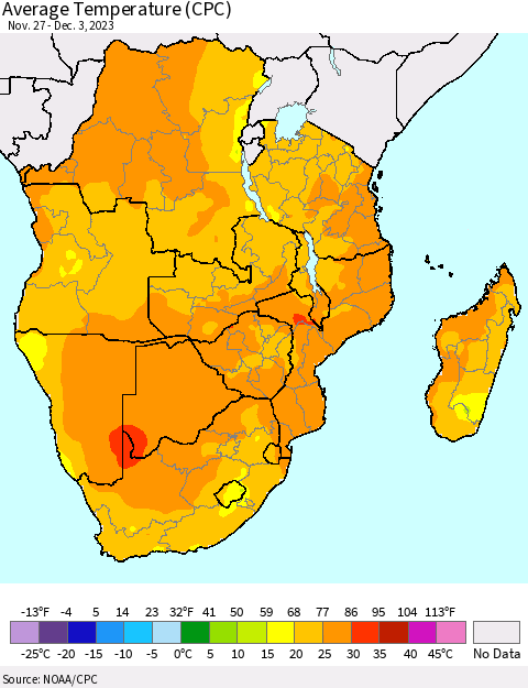 Southern Africa Average Temperature (CPC) Thematic Map For 11/27/2023 - 12/3/2023
