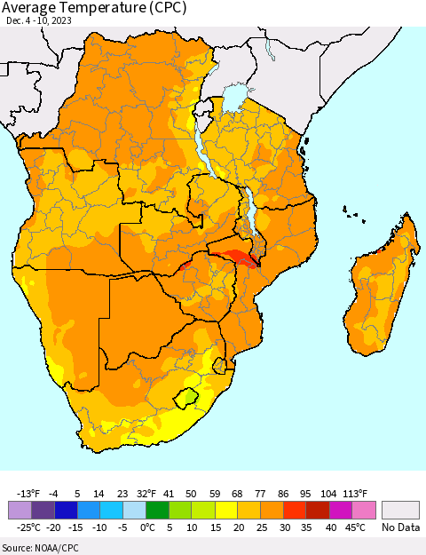 Southern Africa Average Temperature (CPC) Thematic Map For 12/4/2023 - 12/10/2023