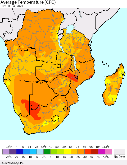 Southern Africa Average Temperature (CPC) Thematic Map For 12/18/2023 - 12/24/2023