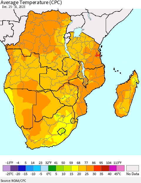 Southern Africa Average Temperature (CPC) Thematic Map For 12/25/2023 - 12/31/2023