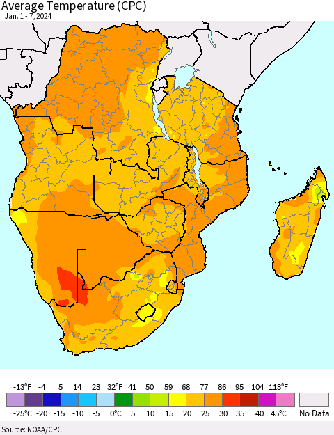 Southern Africa Average Temperature (CPC) Thematic Map For 1/1/2024 - 1/7/2024