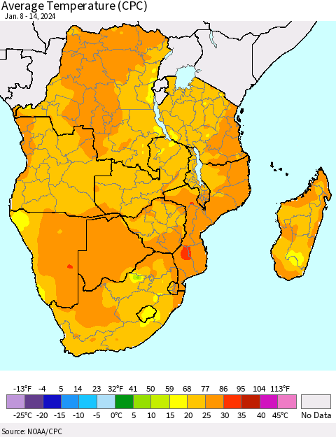 Southern Africa Average Temperature (CPC) Thematic Map For 1/8/2024 - 1/14/2024