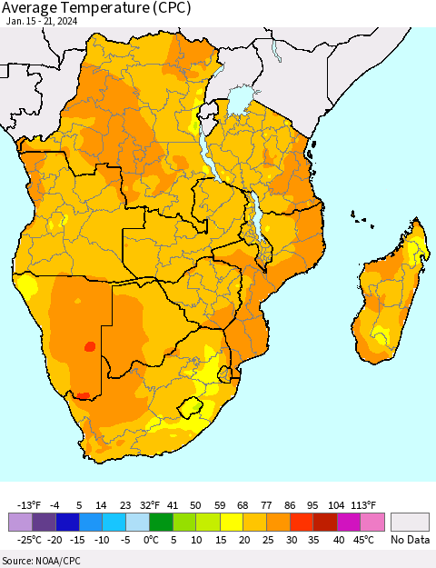 Southern Africa Average Temperature (CPC) Thematic Map For 1/15/2024 - 1/21/2024