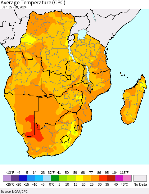 Southern Africa Average Temperature (CPC) Thematic Map For 1/22/2024 - 1/28/2024