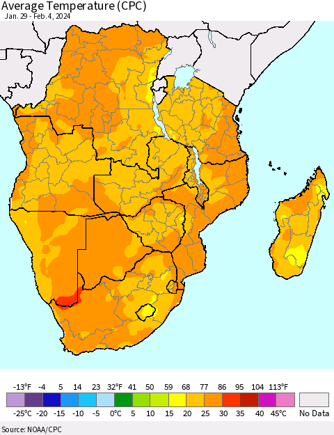 Southern Africa Average Temperature (CPC) Thematic Map For 1/29/2024 - 2/4/2024
