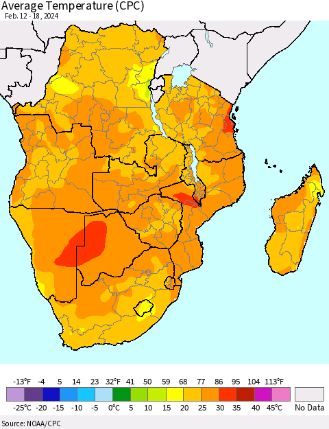 Southern Africa Average Temperature (CPC) Thematic Map For 2/12/2024 - 2/18/2024