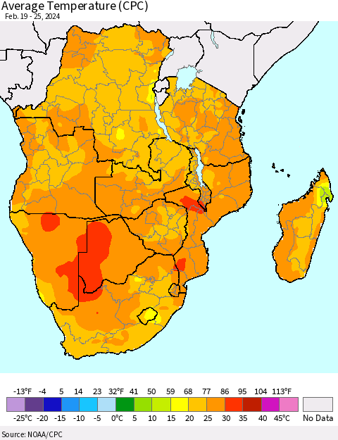 Southern Africa Average Temperature (CPC) Thematic Map For 2/19/2024 - 2/25/2024