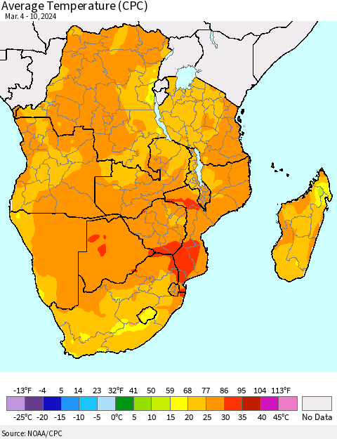 Southern Africa Average Temperature (CPC) Thematic Map For 3/4/2024 - 3/10/2024