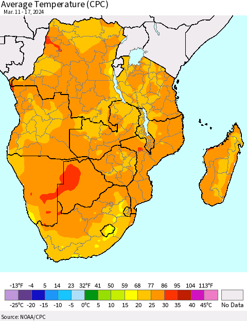 Southern Africa Average Temperature (CPC) Thematic Map For 3/11/2024 - 3/17/2024