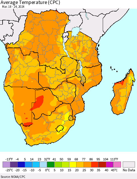 Southern Africa Average Temperature (CPC) Thematic Map For 3/18/2024 - 3/24/2024