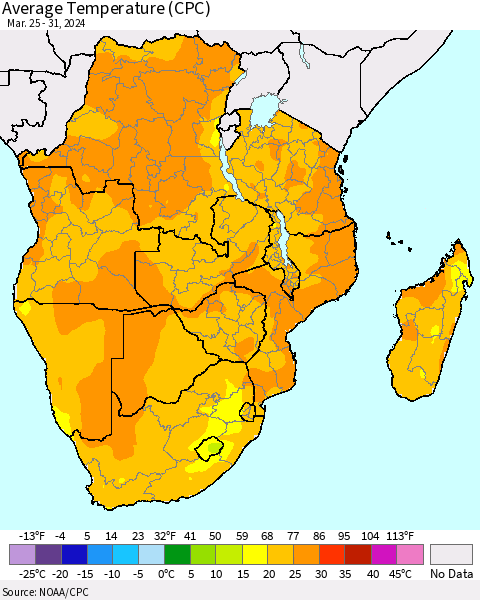 Southern Africa Average Temperature (CPC) Thematic Map For 3/25/2024 - 3/31/2024