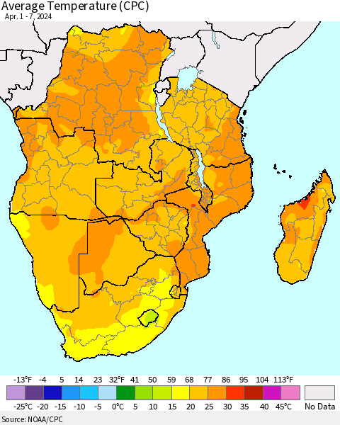 Southern Africa Average Temperature (CPC) Thematic Map For 4/1/2024 - 4/7/2024