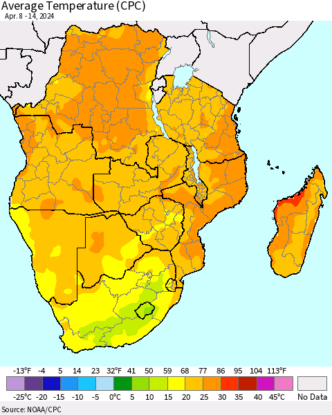 Southern Africa Average Temperature (CPC) Thematic Map For 4/8/2024 - 4/14/2024