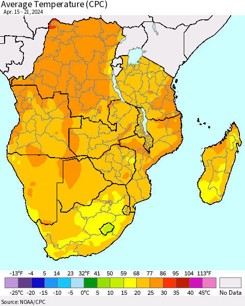 Southern Africa Average Temperature (CPC) Thematic Map For 4/15/2024 - 4/21/2024