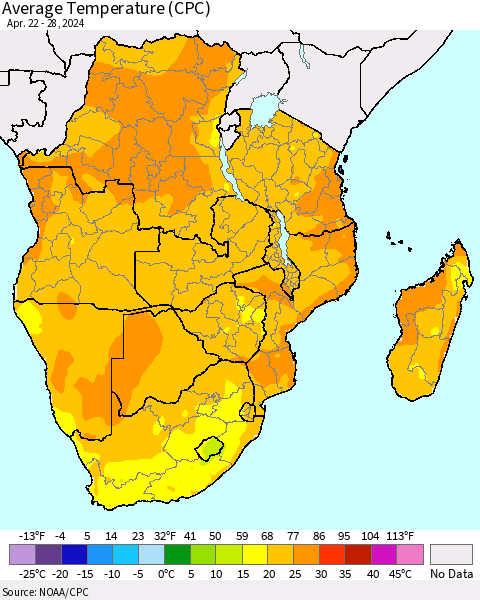 Southern Africa Average Temperature (CPC) Thematic Map For 4/22/2024 - 4/28/2024