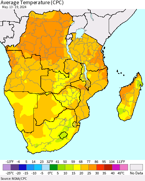 Southern Africa Average Temperature (CPC) Thematic Map For 5/13/2024 - 5/19/2024